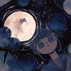  1girl ahoge ahoge_girl_(jimini_shijimi) blue_eyes blue_hair blue_neckerchief blue_sailor_collar blue_serafuku blunt_bangs commentary_request dot_nose frog jimini_shijimi lily_pad looking_at_reflection lowres moon moon_reflection neckerchief no_pupils open_mouth original reflection ripples sailor_collar school_uniform serafuku short_eyebrows short_hair sidelocks solo star_(sky) water 