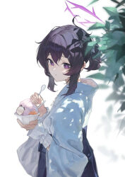  1girl :t alternate_costume blue_archive blue_kimono chinese_commentary commentary_request dongzhibumian food from_side hair_between_eyes hair_ornament hairclip halo haruka_(blue_archive) holding holding_food holding_ice_cream holding_spoon ice_cream japanese_clothes kimono looking_at_viewer ponytail purple_hair purple_halo short_ponytail solo spoon violet_eyes white_wrist_cuffs wrist_cuffs 