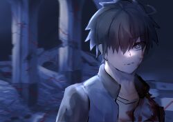  1boy absurdres ahoge battle_damage black_eyes black_hair black_sleeves blood blood_on_clothes blood_on_face bright_pupils commentary_request destruction hair_over_one_eye highres jacket looking_at_viewer male_focus masa_aoiro messy_hair multicolored_jacket mystic_eyes_of_death_perception official_alternate_costume open_clothes open_jacket portrait scene_reference shirt solo staring tohno_shiki tsukihime tsukihime_(remake) two-tone_jacket white_jacket white_pupils white_shirt 