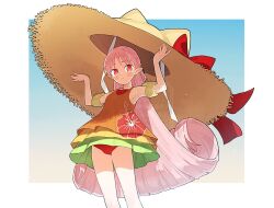  1girl bare_shoulders blush breasts commentary dress dress_swimsuit fate/grand_order fate_(series) floral_print habetrot_(fate) habetrot_(swimsuit)_(fate) hat inflatable_armbands kabutomushi_s long_hair looking_at_viewer orange_dress oversized_hat pink_hair pointy_ears red_eyes sidelocks small_breasts solo straw_hat thighs untranslatable_commentary 