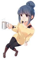  1girl absurdres avarangers blue_hair boots breasts camisole cup hair_bun highres holding holding_cup long_hair long_sleeves looking_at_viewer mug open_mouth pantyhose shima_rin simple_background single_hair_bun solo sweater violet_eyes white_background yurucamp 
