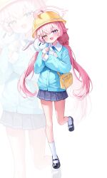  1girl absurdres ahoge alternate_costume bag blue_archive blue_eyes blue_shirt blue_skirt blush bow dlrkdals070707 fang hair_between_eyes hair_bow halo hat heterochromia highres holding holding_stuffed_toy hoshino_(blue_archive) kindergarten_bag kindergarten_uniform long_hair long_sleeves looking_at_viewer low_twintails open_mouth pink_bow pink_hair pink_halo pleated_skirt school_hat shirt skin_fang skirt smock socks solo stuffed_animal stuffed_rabbit stuffed_toy twintails white_socks yellow_bag yellow_eyes yellow_hat zoom_layer 