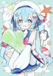  1girl absurdres aobahosino bare_shoulders bird blue_border blue_eyes blue_hair blue_sailor_collar blue_skirt blush_stickers border bow bowtie commentary_request cowboy_shot crab detached_sleeves dot_nose double-parted_bangs double_horizontal_stripe frilled_sailor_collar frills grin hair_between_eyes hair_bow hair_ornament hat hatsune_miku highres long_hair long_sleeves miniskirt outside_border penguin pink_bow pink_bowtie pleated_skirt polka_dot_border sailor_collar school_uniform sea_otter seashell serafuku shell shirt simple_background skirt sleeveless sleeveless_shirt sleeves_past_fingers sleeves_past_wrists smile solo starfish twintails very_long_hair vocaloid white_background white_hat white_shirt white_sleeves x_hair_ornament 
