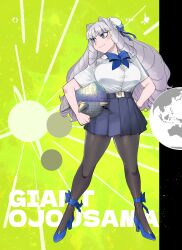  1girl :| absurdres black_pantyhose blue_bow blue_bowtie blue_eyes blue_ribbon blue_shoes blue_skirt blunt_bangs blush bow bowtie breasts bun_cover closed_mouth commentary_request copyright_name drill_hair drill_sidelocks fang from_below fujido_oriko full_body giant_ojou-sama globe grey_hair hair_bun hair_ornament hair_ribbon hand_on_own_face hand_up happy_anniversary high_heels highres holding_globe large_breasts long_hair looking_to_the_side nikukaiq official_art open_mouth pantyhose pleated_skirt ribbon shirt shoes short_sleeves sidelocks skirt solo thighs upper_body very_long_hair 