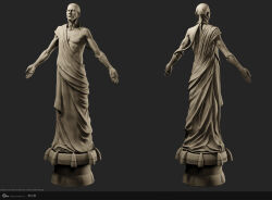  1boy 3d bare_arms closed_mouth commentary company_logo company_name copyright_logo copyright_name cyborg dated english_commentary eve_online from_behind full_body grey_background grey_theme highres lips logo multiple_views nose official_art pedestal realistic science_fiction simple_background single_bare_shoulder solo statue toga undoz 