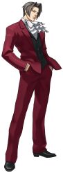  1boy absurdres ace_attorney ace_attorney_investigations ace_attorney_investigations:_miles_edgeworth ascot commentary curtained_hair edaki_shin'ya english_commentary formal_clothes full_body grey_eyes grey_hair hair_intakes hands_in_pockets highres jacket male_focus miles_edgeworth official_art pants red_pants red_suit shoes simple_background solo standing suit third-party_source transparent_background 