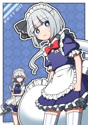  2girls alternate_costume apron argyle_background black_bow black_bowtie black_ribbon blue_dress blue_eyes blunt_bangs bow bowtie braid bright_pupils closed_mouth commentary_request dress enmaided frilled_apron frilled_sleeves frills hair_bow highres holding holding_knife hoshii_1213 izayoi_sakuya knife konpaku_youmu konpaku_youmu_(ghost) konpaku_youmu_(shivering_maid_samurai) looking_at_viewer maid maid_day maid_headdress multiple_girls neck_ribbon puffy_short_sleeves puffy_sleeves red_bow red_bowtie ribbon short_hair short_sleeves split_mouth thigh-highs touhou touhou_lostword twin_braids waist_apron waist_bow white_apron white_bow white_hair white_pupils white_thighhighs 
