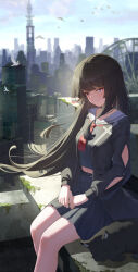  1girl absurdres arm_cutout bird black_cat black_hair black_jacket black_serafuku black_shirt black_skirt blue_sky box_(bagsang59049289) breasts cat chisa_(wuthering_waves) closed_mouth clothing_cutout commentary day from_side highres jacket long_hair long_sleeves looking_at_viewer looking_to_the_side medium_breasts neckerchief outdoors red_eyes red_neckerchief sailor_collar school_uniform serafuku shirt sitting skirt sky smile solo white_bird white_sailor_collar wind wuthering_waves 