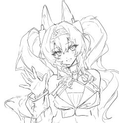  1girl angelina_(arknights) angelina_the_mellow_wish_(arknights) animal_ear_fluff animal_ears arknights bochishiraita chinese_commentary collar commentary_request fox_ears fox_girl greyscale hair_between_eyes hairband highres long_hair long_sleeves looking_at_viewer monochrome open_mouth simple_background smile solo twintails upper_body white_background 