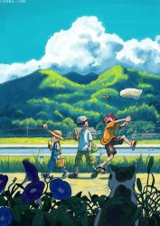  1girl 2boys absurdres akaba_(fate_rewinder) bag black_hair blonde_hair blue_flower blue_sky brown_shorts bug butterfly butterfly_net cat child chrono_(fate_rewinder) clouds cloudy_sky day dragonfly fate_rewinder flower food grass hand_net hat highres holding holding_food ice_cream kimura_fuuta_(uldorafu) lemon_(fate_rewinder) morning_glory mountain mountainous_horizon multiple_boys open_mouth outdoors overalls popsicle red_hair rice_paddy road sandals scenery shirt shoes short_hair short_sleeves shorts sky smile sneakers straw_hat summer sun_hat t-shirt walking white_shirt yellow_butterfly 