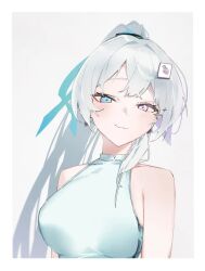  1girl animal_print armpit_crease artist_request bird_print blue_eyes blue_ribbon breasts earrings genmu_kumotori hair_ornament heterochromia indie_virtual_youtuber jewelry long_hair mahjong_tile mahjong_tile_hair_ornament medium_breasts ponytail ribbon shirt sleeveless sleeveless_shirt smug solo violet_eyes virtual_youtuber white_background white_hair white_shirt 