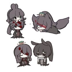  3boys animal_ears black_coat black_hair black_hanfu chinese_clothes closed_eyes closed_mouth coat dual_persona fox_ears fox_tail glasses hanfu heishou_pack-wu_branch_(identity)_(project_moon) highres hong_lu_(project_moon) hongyuan_(identity)_(project_moon) horse_ears kolona1192081 limbus_company long_hair multiple_boys multiple_views project_moon red_bandages simple_background tail very_long_hair white_background yi_sang_(project_moon) 