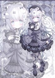  1girl :o black_bow black_choker black_ribbon black_shoes blue_bow blue_dress blue_eyes blush bow choker dress footwear_bow frilled_dress frilled_sleeves frills full_body grey_hair hair_bow headdress highres holding holding_stuffed_toy long_hair long_sleeves mofuuneko multiple_hair_bows open_mouth original pom_pom_(clothes) ribbon ribbon_choker shoes solo stuffed_toy watermark 