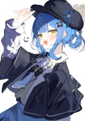  1girl :d bird_hat_ornament black_bow black_bowtie black_capelet black_hat blue_hair blue_necktie blue_skirt bow bowtie braid braided_hair_rings capelet collared_shirt deerstalker grey_vest hair_bow hair_rings hand_on_headwear hat hat_bow katata long_sleeves looking_at_viewer mahou_shoujo_no_majo_saiban necktie open_mouth plaid_clothes plaid_skirt shirt short_hair simple_background skirt smile solo tachibana_sherry upper_body vest white_background white_shirt yellow_eyes 