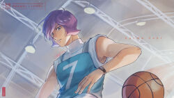  1boy ball basketball_(object) character_name commentary_request garma_zabi gundam indoors male_focus mobile_suit_gundam mobile_suit_gundam_the_origin parted_lips purple_hair shigure_haruki shirt short_hair sleeveless sleeveless_turtleneck solo turtleneck twitter_username upper_body watermark white_shirt 