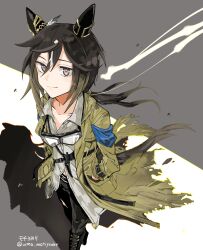 1girl absurdres animal_ears asymmetrical_shirt black_boots black_gloves black_hair black_pants boots brown_eyes brown_hair closed_mouth coat collarbone ear_covers gloves goggles goggles_around_neck hair_between_eyes hand_in_pocket highres horse_ears horse_girl horse_tail knife_sheath long_hair multicolored_hair pants sheath shirt smile solo stay_gold_(sunlit_outsider)_(umamusume) stay_gold_(umamusume) tail torn_clothes torn_coat torn_pants uma_motiyodor umamusume white_hair white_shirt wrist_belt yellow_coat 