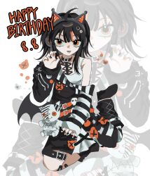  1girl 72_cha0 ahoge animal_ear_headphones animal_ears arm_belt asymmetrical_sleeves bandaid bandaid_on_leg bare_shoulders bat_wings belt belt_collar black_choker black_hair black_nails black_shoes black_sweater cat_ear_headphones cat_ears choker claw_pose collar commentary cross-laced_clothes cross-laced_dress dated dress eyeball_hair_ornament fake_animal_ears full_body happy_birthday headphones highres layered_dress leg_belt long_sleeves looking_at_viewer mahou_shoujo_no_majo_saiban multicolored_hair nail_polish off-shoulder_sweater off_shoulder open_mouth orange_eyes orange_nails orange_streaks sawatari_coco shirt shoes short_hair single_bare_shoulder skirt skull smile solo streaked_hair striped_sleeves stuffed_animal stuffed_cat stuffed_toy sweater teeth untranslatable_commentary white_shirt white_skirt wings zoom_layer 