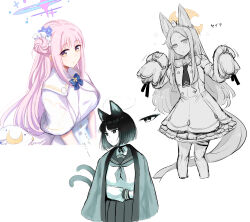  3girls animal_ear_fluff animal_ears animal_on_head bird bird_on_head blue_archive blue_bow bow capelet cat_ears cat_girl cat_tail closed_mouth commentary_request cropped_torso detached_sleeves dress forehead fox_ears fox_girl fox_tail green_theme gumisyrup hair_bun hair_ornament hair_scrunchie halo highres kikyou_(blue_archive) long_hair looking_to_the_side low_wings mika_(blue_archive) multiple_girls multiple_tails neckerchief nekomata on_head pantyhose parted_bangs partially_colored pink_hair pink_halo pleated_skirt sailor_collar school_uniform scrunchie seia_(blue_archive) serafuku shirt short_hair single_side_bun skirt sleeves_past_fingers sleeves_past_wrists tail two_tails very_long_hair white_capelet white_dress white_scrunchie white_wings wings yellow_eyes yellow_halo 