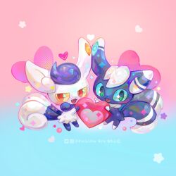  1boy 1girl aqua_sclera artist_name blue_background blue_fur blue_sclera colored_sclera gradient_background green_eyes heart highres meowstic meowstic_(female) meowstic_(male) penguinbigbro pink_background pokemon pokemon_(creature) red_eyes two-tone_fur valentine white_fur yellow_sclera 