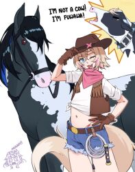  1girl alternate_costume animalization bandana bandana_around_neck belt black_hair blonde_hair blue_eyes blue_hair brown_gloves brown_vest colored_inner_hair cow cowboy_hat cowboy_shot crying denim denim_shorts dog_girl dog_tail fuwawa_abyssgard gloves gold_buckle hand_on_own_hip hat highleg highleg_panties highres holoadvent hololive hololive_english horse koseki_bijou kraeyan long_hair mococo_abyssgard multicolored_hair navel nerissa_ravencroft objectification one_eye_closed panties pink_streaks red_bandana red_eyes shiori_novella shirt shorts simple_background stomach streaked_hair tail underwear vest whip white_background white_shirt 