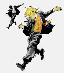  1boy absurdres black_jacket black_necktie black_pants blonde_hair colored_skin deltarune flowery_(deltarune) green_vest highres jacket multicolored_vest necktie orange_vest pants photo-referenced reference_inset slamsp8dracugv solo two-tone_vest utdr_(toby_fox) vest white_background yellow_skin 