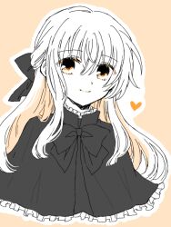  1girl black_bow black_bowtie black_capelet black_ribbon bow bowtie capelet character_request closed_mouth copyright_request cropped_torso dot_nose frilled_capelet frills hair_between_eyes hair_ribbon half_updo heart kuru_akari long_hair long_sidelocks monochrome oekaki orange_background orange_eyes orange_theme outline ribbon sidelocks smile solo split_mouth tegaki turtleneck_capelet upper_body white_outline 