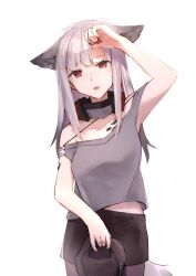  1girl adjusting_hair animal_ears arknights armpits bare_shoulders black_pantyhose black_skirt breasts commentary_request cowboy_shot diamond-shaped_pupils diamond_(shape) e-bushi extra_ears fox_ears fox_girl fox_tail frostleaf_(arknights) grey_hair hat headphones headphones_around_neck highres holding holding_unworn_clothes holding_unworn_hat hot long_hair looking_at_viewer material_growth midriff_peek off-shoulder_shirt off_shoulder oripathy_lesion_(arknights) pantyhose red_eyes shirt simple_background skirt small_breasts solo standing sweat symbol-shaped_pupils tail tongue tongue_out unworn_hat unworn_headwear white_background 