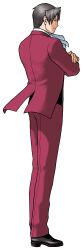  1boy absurdres ace_attorney ascot black_shoes closed_mouth commentary crossed_arms curtained_hair edaki_shin'ya english_commentary formal_clothes full_body grey_hair highres jacket long_sleeves male_focus miles_edgeworth official_art pants phoenix_wright:_ace_attorney_-_justice_for_all red_jacket red_pants red_suit shoes simple_background solo standing suit third-party_source transparent_background 