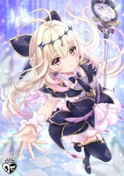  1girl absurdres antenna_hair artist_logo beckoning black_boots black_bow black_bowtie black_capelet black_dress black_necktie blonde_hair blue_background blurry blurry_background blush boots bow bow_earrings bowtie braid breasts brooch bug butterfly capelet card checkered_floor chize commentary cure_arcana_shadow detached_collar diamond_hairband dot_nose dress dynamic_pose earrings fingernails flipped_bangs floating_hair foot_up_heel_up footwear_bow foreshortening frilled_capelet frills from_above full_body gem_hair_ornament gold_trim gradient_hair grey_butterfly hair_bow hair_floating_upwards hair_intakes half_up_braid heart heart_brooch heel_up highres holding holding_staff jewelry left-handed leg_up light_particles logo long_hair looking_at_viewer magical_girl medium_breasts meitantei_precure! moria_luluka multicolored_hair nail_polish necktie open_hand parted_lips pink_hair precure purple_background purple_nails reaching reaching_towards_viewer red_eyes short_dress solo spread_fingers staff standing standing_on_one_leg tear_arcana_rod teardrop_earrings thigh_boots transparent_butterfly very_long_hair white_wrist_cuffs wrist_cuffs zettai_ryouiki 