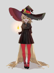  1girl :d absurdly_long_hair alternate_costume ankle_strap arm_behind_back ascot black_ascot black_dress black_hat black_shoes blonde_hair breasts brooch collared_dress dress empire_waist fang fire full_body grey_background hair_between_eyes hat highres jewelry juliet_sleeves long_bangs long_hair long_sleeves looking_at_viewer magic nijisanji nui_sociere open_mouth pantyhose pleated_dress puffy_sleeves pyrokinesis red_hat red_pantyhose shoes short_dress simple_background skin_fang small_breasts smile solo standing two-sided_fabric two-sided_headwear very_long_hair virtual_youtuber why_(omaemona) wide_brim witch witch_hat yellow_eyes 