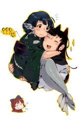  3girls ? arm_around_neck blue_bow blue_eyes blue_hair blush bow brown_hair chibi chibi_inset closed_eyes commentary_request dress fang fewer_digits flying_sweatdrops grass_root_youkai_network green_kimono hair_bow highres imaizumi_kagerou japanese_clothes kimono kokechankokko lifting_person long_hair long_sleeves merfolk mermaid monster_girl multiple_girls obi obijime open_mouth puff_of_air red_hair sash sekibanki short_hair smile sparkle touhou translation_request wakasagihime weight white_background white_dress 