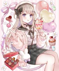  1girl :p animal_bag animal_print bag balloon black_bow black_bowtie black_choker black_sailor_collar black_skirt blue_eyes bow bowtie box box_of_chocolates breasts brown_cardigan buttons candy cardigan chocolate chocolate_syrup choker colored_inner_hair commentary_request commission donald_duck_sailor_hat dress_shirt feet_out_of_frame flower food frilled_sailor_collar frills hair_bow hands_up heart heart-shaped_chocolate heart-shaped_food heart_balloon highres holding holding_food holding_spoon ice_cream icing indie_virtual_youtuber lollipop long_hair long_sidelocks long_sleeves miniskirt muffin multicolored_hair nemupipi_(vtuber) open_cardigan open_clothes pink_background plaid_clothes plaid_skirt rabbit_print sailor_collar shirt shirt_tucked_in shoulder_bag sidelocks sitting skeb_commission skirt small_breasts solo spoon striped_background sundae syrup tententuyu tongue tongue_out two_side_up vertical-striped_background very_long_hair virtual_youtuber watermark white_flower white_shirt 