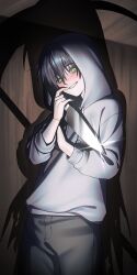  1boy absurdres black_nails black_pants blush commentary_request cowboy_shot degrees_of_lewdity different_shadow drawstring fazernuo54188 glint green_eyes grey_hoodie hair_between_eyes hands_up head_tilt highres holding holding_knife hood hood_up hoodie knife kylar_(degrees_of_lewdity) kylar_(male)_(degrees_of_lewdity) long_sleeves looking_at_viewer male_focus pants shadow short_hair solo 