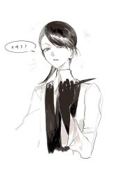  androgynous coat cropped_torso gloves greyscale highres holding holding_knife houseki_no_kuni knife lab_coat long_hair looking_at_viewer monochrome necktie open_clothes open_coat other_focus rutile_(houseki_no_kuni) sketch solo speech_bubble swept_bangs tori9699 translation_request 