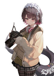  1girl absurdres apron arus black_hair black_pantyhose blush camera ellen_joe headphones headphones_around_neck highres holding holding_camera jacket maid_apron mole mole_under_eye pantyhose red_eyes scarf short_hair simple_background skirt standing tail white_background zenless_zone_zero 