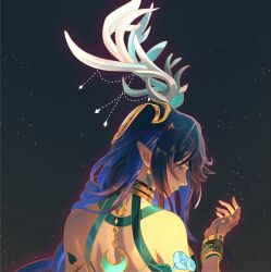  1girl antlers back bare_back bare_shoulders black_hair blue_eyes blue_flower blue_hair bracelet closed_mouth colored_inner_hair crescent deer_antlers deer_girl earrings eyelashes fingernails flower from_behind genshin_impact gold_bracelet gold_trim green_nails hair_between_eyes hand_up headpiece highres horns jewelry lauma_(genshin_impact) leaf long_fingernails long_hair looking_down multicolored_hair nail_polish okawaoshio pointy_ears smile solo star_(sky) starry_sky_background upper_body very_long_hair wavy_hair 