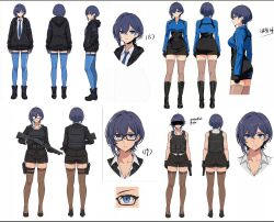  1girl bird/binary blue_eyes blue_hair boots ciel_(bird/binary) collared_shirt gun holding holding_weapon las91214 miniskirt multiple_views reference_sheet shirt short_hair shorts shotgun simple_background skirt solo thigh-highs thigh_boots vest weapon white_background 