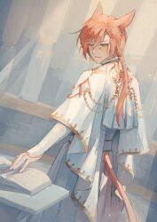  1boy animal_ears book cassock cat_boy cat_ears cat_tail final_fantasy final_fantasy_xiv g'raha_tia hair_ornament hand_on_book highres male_focus miqo'te open_book red_eyes red_hair robe short_braided_ponytail short_hair solo table tail watawatayuki_p white_robe x_hair_ornament 