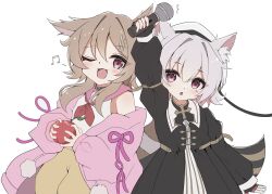  2girls animal_ears apple arm_up bi_(bi_trip_machine) black_dress brown_hair brown_shorts cardigan cat_ears cat_girl commentary_request cowboy_shot dress food fruit grey_hair highres holding holding_food holding_fruit holding_microphone long_hair long_sleeves looking_at_viewer microphone multiple_girls one_eye_closed open_cardigan open_clothes open_mouth ouka_miko pink_cardigan sayo_(voicevox) shirt short_hair shorts simple_background sleeveless sleeveless_shirt smile voicevox white_background white_shirt wolf_girl 
