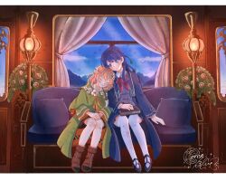  2girls black_shoes blue_coat blue_eyes blue_hair blue_skirt book boots brown_boots capelet ceriseblue cloak closed_mouth coat collared_shirt commentary commission couch english_commentary green_capelet green_cloak grin hasunosora_fantasy highres hinoshita_kaho indoors leaning_on_person leaning_to_the_side love_live! love_live!_hasu_no_sora_jogakuin_school_idol_club multiple_girls murano_sayaka on_couch open_clothes open_coat over-kneehighs pleated_skirt shirt shoes sitting skirt smile thigh-highs vgen_commission watermark white_shirt white_thighhighs 