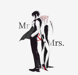  1boy 1girl absurdres asami_okutoshioku back-to-back bare_arms bare_shoulders black_dress black_hair black_jacket black_pants black_shoes black_vest breasts collared_shirt commentary_request couple derivative_work dress dress_shoes dual_wielding earrings full_body green_eyes hair_between_eyes hand_in_pocket haruno_sakura hetero high_heels highres holding holding_knife jacket jacket_on_shoulders jewelry knife long_dress medium_breasts mr._and_mrs._smith nail_polish naruto_(series) naruto_shippuuden pants parted_bangs pink_hair ponytail pumps red_nails shirt shoes short_hair short_ponytail side_slit sleeveless sleeveless_dress standing uchiha_sasuke vest waistcoat white_background white_shirt 