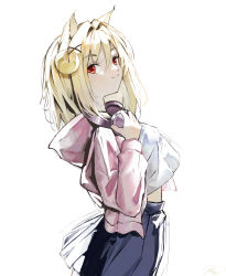  1girl absurdres animal_ears antenna_hair arcueid_brunestud blonde_hair blue_skirt breasts cat_ears cat_girl crescent crescent_hair_ornament crop_top fate/grand_order fate_(series) hair_between_eyes hair_ornament hairclip headphones headphones_around_neck headset highres holding holding_headphones hood hoodie light_smile looking_at_viewer midriff_peek miniskirt open_clothes open_hoodie phantas-moon phantas-moon_(second_ascension) pink_hoodie plaid_clothes plaid_skirt red_eyes shirt short_hair sidelocks single_hair_intake skirt solo turning_head white_shirt yukiring 