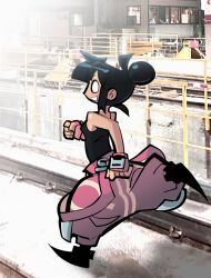  1girl baggy_shorts black_hair black_shirt blank_eyes commentary edith_(teknodice) english_commentary garter_straps hair_bun highres locomotive original outdoors photo_background pink_garter_straps pink_shorts railroad_tracks running scenery shirt short_hair shorts solid_eyes solo steam_locomotive teknodice train_station train_station_platform 