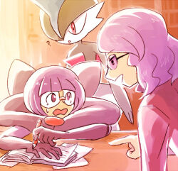  1boy 1girl ? elbow_gloves gallade glasses gloves holding holding_pen inumura_(inu_noya) looking_at_another lowres lucian_(pokemon) open_mouth pen pointing pokemon pokemon_(creature) pokemon_black_and_white pokemon_diamond/pearl/platinum purple_hair shauntal_(pokemon) sweatdrop 