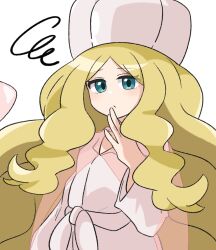  1girl blonde_hair caitlin_(pokemon) cape closed_mouth commentary dress eyelashes green_eyes hand_up hat highres long_hair long_sleeves parted_bangs pokemon pokemon_black_and_white ryokukoucha see-through_cape see-through_clothes sidelocks simple_background solo squiggle upper_body white_background 