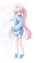  1girl absurdres ahoge alternate_costume alternate_hairstyle apron bandaid bandaid_on_leg bandaid_on_thigh blue_archive blue_bow blue_eyes blue_shorts blue_track_suit blush bow commentary_request dlrkdals070707 fang frilled_apron frilled_thigh_strap frills hair_between_eyes hair_bow hair_ornament hairclip halo heterochromia highres holding holding_stuffed_toy hoshino_(blue_archive) jacket jersey_maid korean_commentary leg_warmers long_hair long_sleeves looking_at_viewer maid maid_headdress name_tag open_mouth parallel_hairclips pink_hair pink_halo shorts skin_fang sleeves_past_fingers sleeves_past_wrists solo stuffed_toy stuffed_whale thigh_strap track_jacket track_suit twintails unconventional_maid waist_apron white_apron white_headdress white_leg_warmers yellow_eyes zoom_layer 