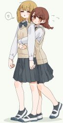  2girls :3 :o absurdres black_bow black_skirt black_socks blonde_hair blush_stickers bow braid brown_eyes brown_hair closed_eyes closed_mouth collared_shirt commentary_request flying_sweatdrops grey_background grey_shirt heart highres hug hug_from_behind kopaka_(karda_nui) long_hair long_sleeves multiple_girls original parted_lips pleated_skirt ribbed_socks school_uniform shadow shirt shoes skirt small_sweatdrop socks spoken_heart standing sweat sweater_vest uwabaki white_shoes yuri 