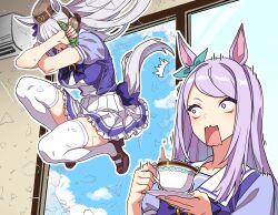  2girls absurdres animal_ears aqua_bow blunt_bangs blush bow bowtie breaking_through_window breasts brown_hat cup ear_bow ear_ribbon gold_ship_(umamusume) grey_hair hat highres holding holding_cup holding_saucer horse_ears horse_girl horse_tail large_breasts long_hair mejiro_mcqueen_(umamusume) motion_lines multiple_girls open_mouth pillbox_hat pleated_skirt puffy_short_sleeves puffy_sleeves purple_bow purple_bowtie purple_hair purple_shirt reibun_(raven1119) sailor_collar sailor_shirt saucer school_uniform shirt short_sleeves skirt tail thigh-highs tracen_school_uniform umamusume violet_eyes white_sailor_collar white_skirt white_thighhighs window 