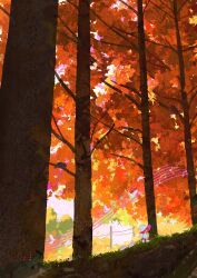  1girl autumn bird boots bug cat child commentary day dress hat highres ladybug medium_hair mengxuanliart musical_note musical_staff orange_hair original outdoors power_lines solo tree untranslatable_commentary utility_pole very_wide_shot walking white_boots white_dress white_hat witch_hat 