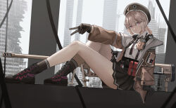  1girl absurdres ahoge beret bipod black_hat black_necktie bolt_action brown_jacket chest_strap cheyanne_(girls'_frontline_2) cheytac_m200 cozie178 full_body girls'_frontline_2:_exilium girls_frontline grey_eyes grey_hair gun hat highres jacket looking_at_viewer low_ponytail m200_(girls'_frontline) necktie pleated_skirt ponytail rifle scope shirt sitting skirt sniper_rifle solo two-tone_necktie v walkie-talkie weapon white_shirt 